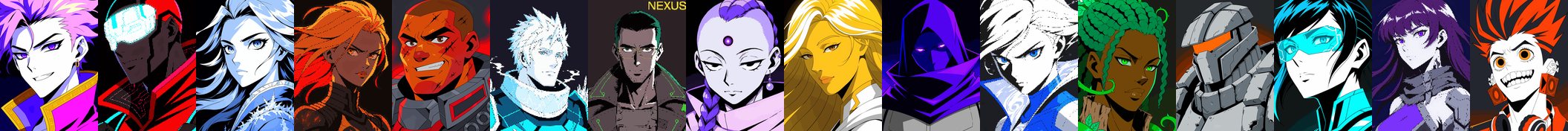 Sixteen Hood Defense hero portraits.